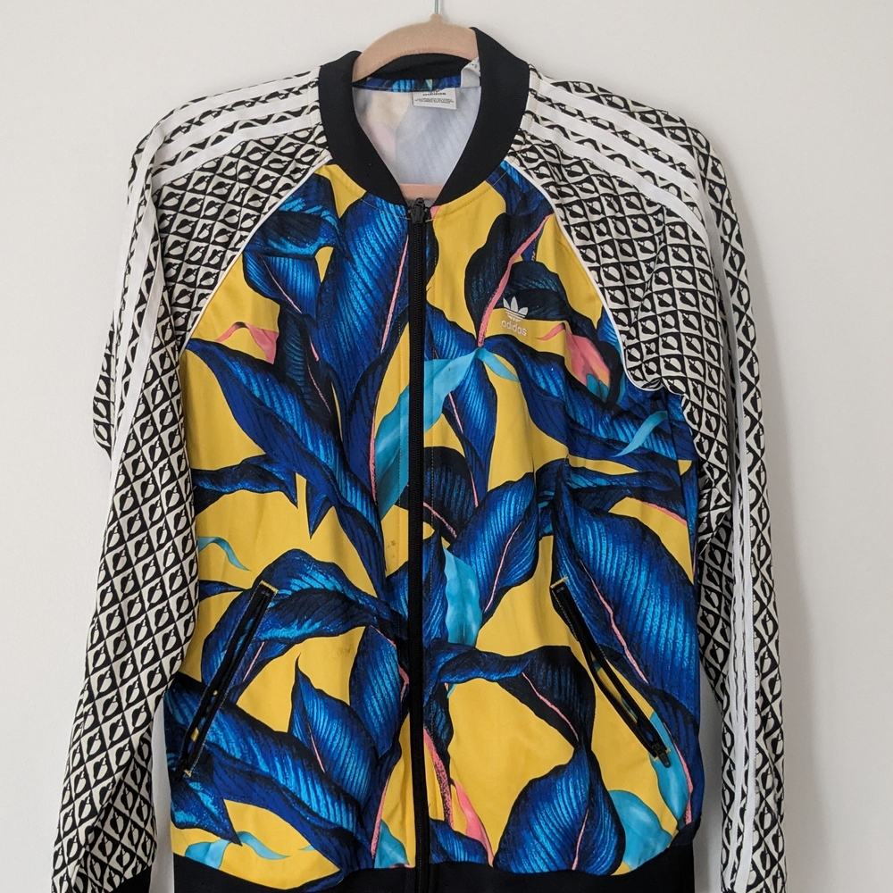 Adidas Vibrant Blue and Yellow Patterned Size Medium US Bomber Jacket
